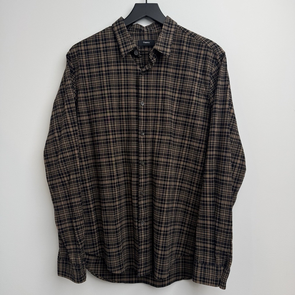 Theory Button Down Shirt L Brown Big Plaid Long Sleeve Seersucker Cotton Mens
